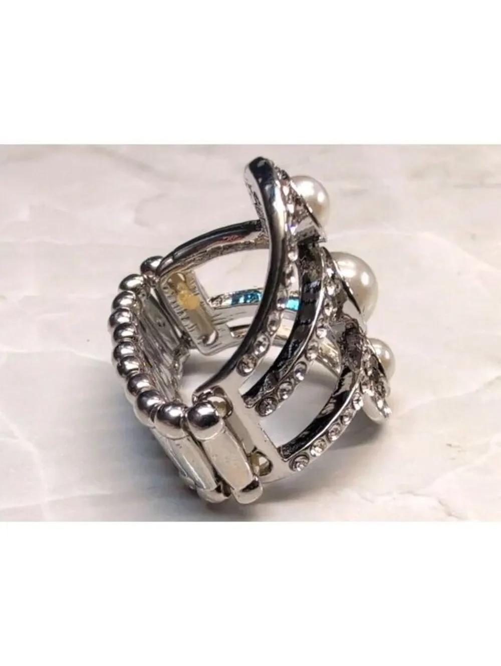 New Adjustable Silver Tone Faux Pearl Accent Stretch Ring Rhinestones Wedding